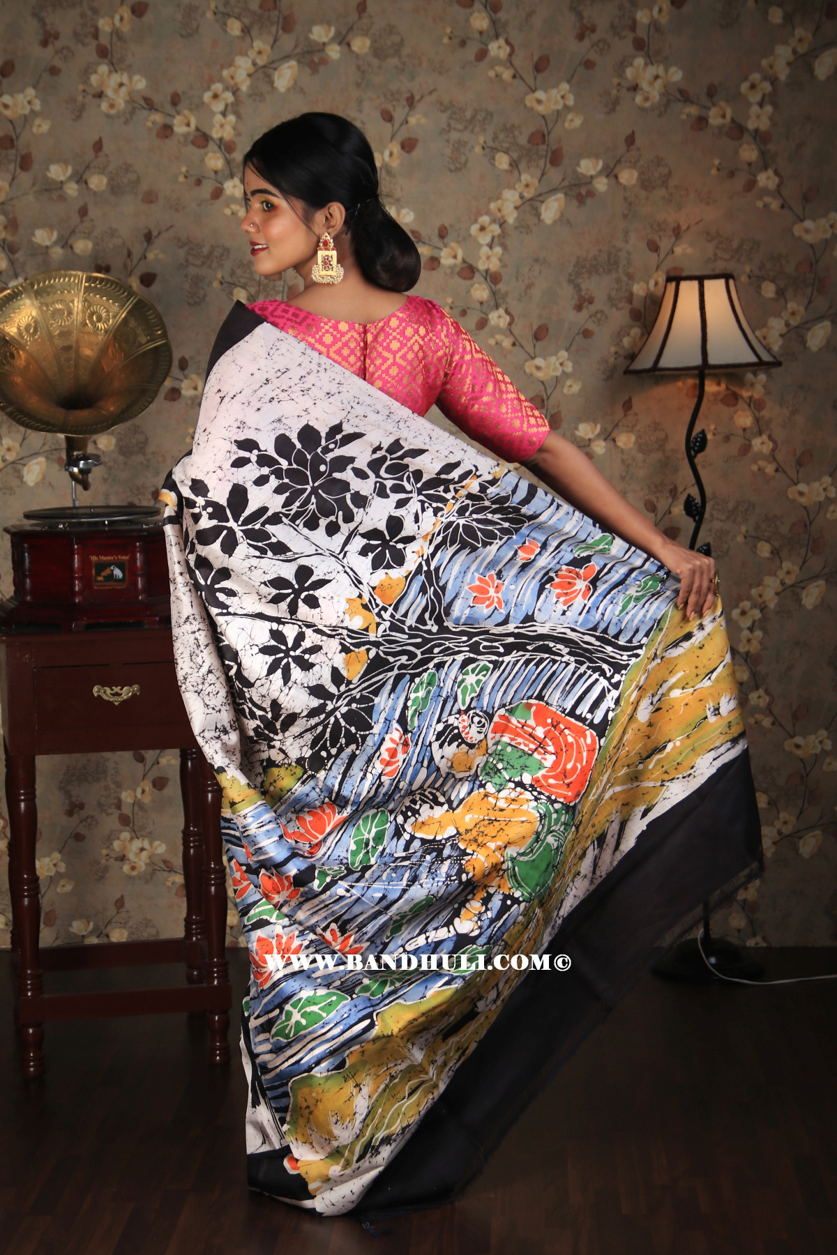 Black Hand Batik Mulberry Silk Saree